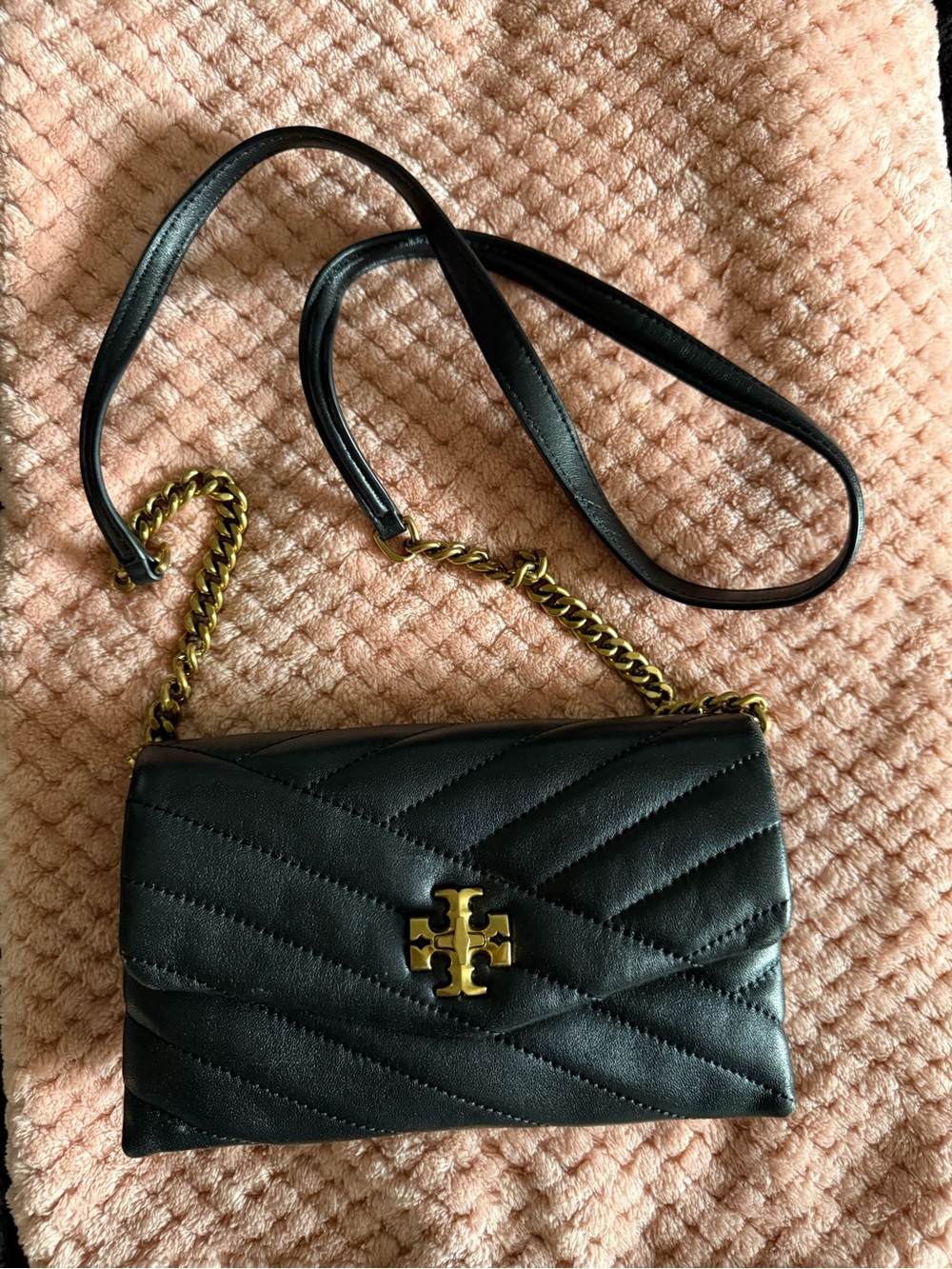 Tory Burch Black Quilted Leather Crossbody with Gold Logo